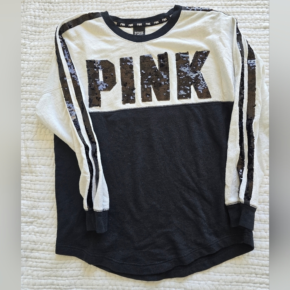 Victorias Secret Pink GRAPHIC Sequins Bling Varsity Crew LIM ED Sweatshirt S - Picture 2 of 8